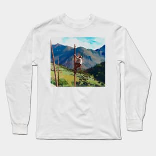 Cowboy climbing on wooden pole Long Sleeve T-Shirt